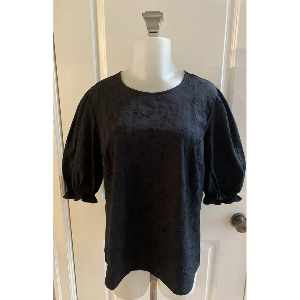 TED BAKER Black Floral Textured Jacquard Puff Sleeve Blouse Top Size Large